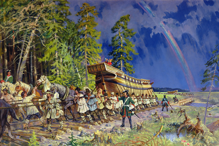 Transportation of the Frigates Courier and Holy Ghost from the White Sea to Lake Onega in 1702, 2000 (oil on canvas)