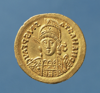 Solidus (obverse) minted by Theodoric I (AD 471-AD 526) Ostrogothic King of Italy copying a solidus of Anastasius Byzantine Emperor (AD 491-AD 518) (gold) Inscription: DN ANASTASIVS P F AVG