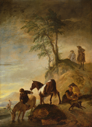 Riders watering their horses (panel)