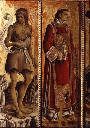 St. John the Baptist and St. Lawrence, detail from the San Silvestro polyptych, 1468 (tempera on panel) (see 76657)