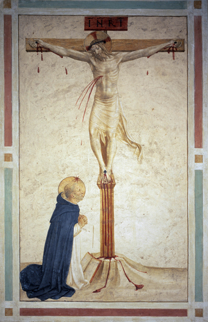 La crucifixion avec Saint Dominique. Inscription ""INRI"" sur la croix. Fresque de Guido di Pietro (ou Fra Giovanni da Fiesole) dit Fra Angelico ou il Beato (1400-1455), 1442. Cellule 17 du Couvent de San Marco, Florence (Museo di San Marco, Firenze). ©Battaglini/Leemage