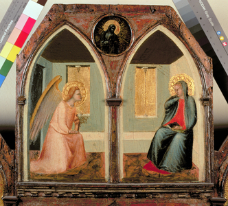 The St. Giusto Polytych, detail showing the Annunciation (tempera on panel)