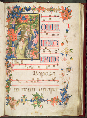 The Baptism of Christ, historiated initial 'h' with decorative border and musical notes (vellum)