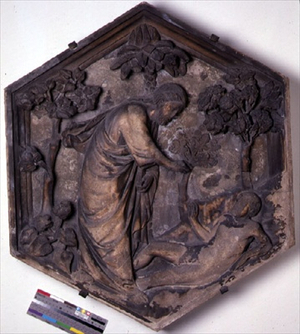 The Creation of Adam, hexagonal decorative relief tile from a series illustrating episodes from Genesis, possibly based on designs by Giotto (c.1266-1337) c.1334-48 (marble)