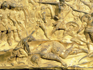 David and Goliath, detail from the original panel from the East Doors of the Baptistery, 1425-52 (gilt bronze) (post restoration)