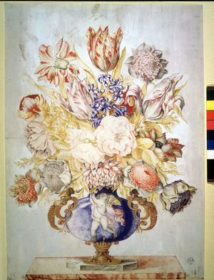 Deep blue crystal vase with a bunch of flowers, c.1622-70 (w/c)