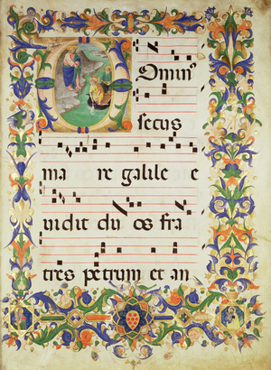 Missal 515 f.1r Page of choral music with an historiated initial 'O' depicting The Calling of St. Peter and St. Andrew, the border illuminated by Filippo di Matteo Torelli (1409-68) from a choir book executed before 1449 (vellum) (for details see 56718 & 88904)