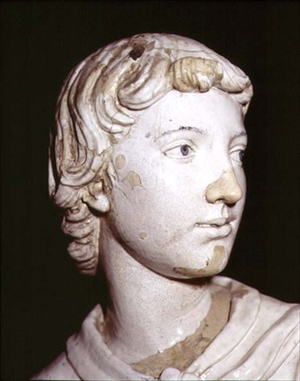 Candle bearing angel, detail of the head (glazed ceramic) (detail of 97636) (for pair see 97637-8)