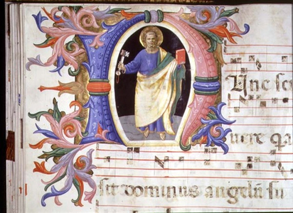 Ms 558 f.60v Historiated initial 'N depicting St. Peter, detail from a Missal, early 1430s (vellum)