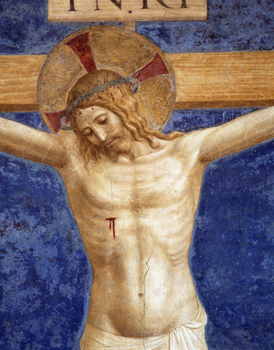 Christ crucified. Inscription "INRI" on the cross, detail (fresco)