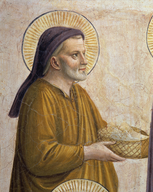 La presentation du Christ au temple (detail) : joseph tient la corbeille de pain pour communier. Fresque de Guido di Pietro (ou Fra Giovanni da Fiesole) dit Fra Angelico ou il Beato (1400-1455), 1442. Cellule 10 du Couvent de San Marco, Florence (Museo di San Marco, Firenze). ©Battaglini/Leemage