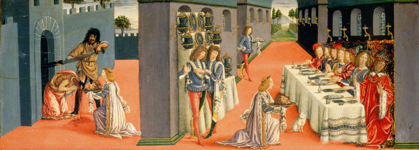 Scenes from the Martyrdom of St. John the Baptist, predella panel from the Tabernacle of the Sacraments, c.1484-6 (tempera on panel) (detail from 94757)