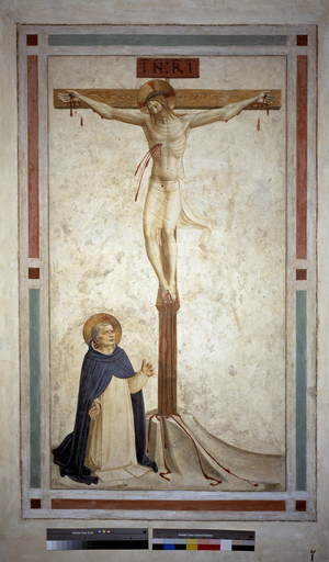 Crucifixion avec saint Dominique. Inscription ""INRI"" sur la croix. Fresque de Guido di Pietro (ou Fra Giovanni da Fiesole) dit Fra Angelico ou il Beato (1400-1455). Cella 21. Museo di san Marco, Florence. ©Battaglini/Leemage