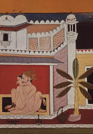 Lovers on a palace terrace, the man's ardour is heightened by his hand coaxing his lover to look at him, Rajasthan, Rajput School, 1900, (gouache on paper)