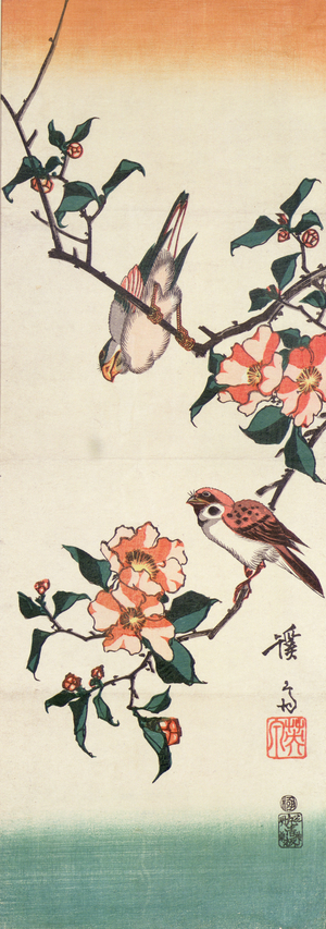 Sparrows and camelia by Ikeda Eisen (1790-1848), pub. c.1820