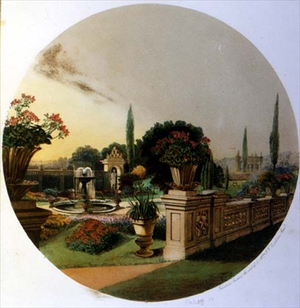 Suffolk, Shrubland Park, Watercolour by E. Adveno Brooke from "The Gardens of England", 1858