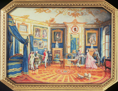 Lid of a snuff box made by Louis Roucel (d.1787) showing a room in its winter furnishings at the Hotel de Choiseul, c.1770 (enamel)