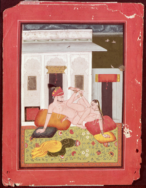 Complicated sexual posture, Bundi, Rajasthan, Rajput School, 1790, (gouache on paper)