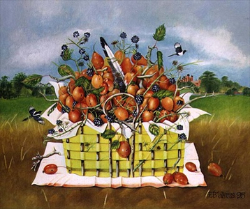 Yellow Basket with Crab Apples, 1995 (acrylic)