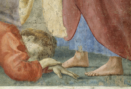 St. Peter Distributing the Common Goods of the Church, and the Death of Ananias, (Detail of Ananias, dead at St. Peter's feet), c.1427 (fresco) (see also 57194, 63322 & 63323)