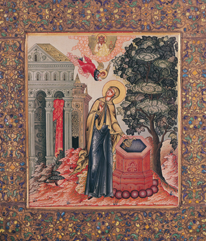 Annunciation at the Fountain, 19th century (oil on panel with semi-precious stones)