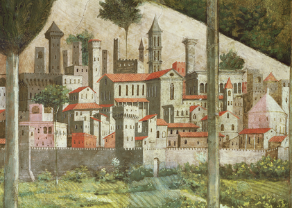 Medieval town, detail from the Journey of the Magi cycle in the chapel, c.1460 (fresco)