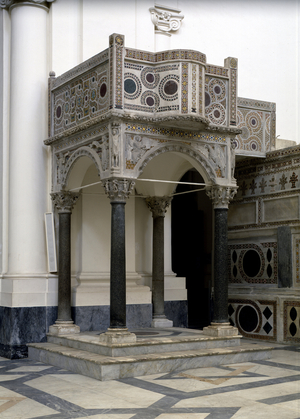 Romanesque: ambon (pulpit) Guarna inlaid with polychrome stones, Saint Matthew Cathedral (Cattedrale di Maria degli Angeli e all'apostolo Matteo) 1180 Salerno (Salerno) Italy