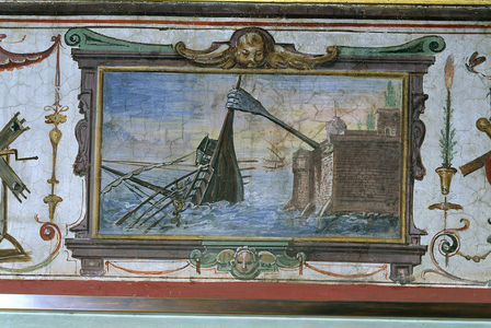 An device that allowed Archimedes (c.287-12 BC)  to drag a ship ashore, Stanza della Mattematica, 1587-1609 (fresco)