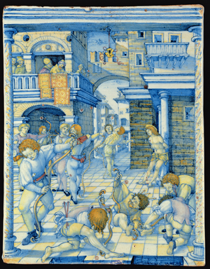 Maiolica plaque depicting the Martyrdom of St. Sebastian, Italian (ceramic)