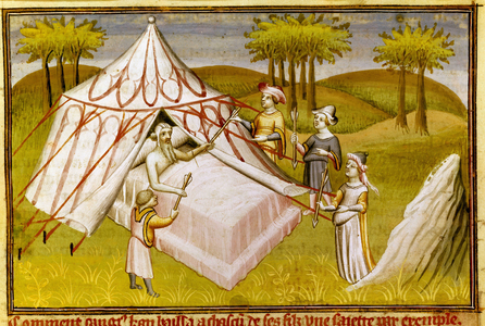 The mongolian leader Gengis Khan on his death bed giving his last recommendations to his sons, c.1410 (miniature)