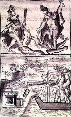 Codex of the conquest of Mexico: Quauhtenco and Mayenatzin punish traitors, 16th century (miniature)