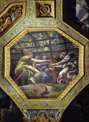 Women gathering grapes, ceiling caisson from the Sala di Amore e Psiche, 1528 (oil on stucco)