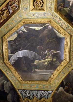 Psyche eating in the house of Cupid, ceiling caisson from the Sala di Amore e Psyche, 1528 (oil on stucco)