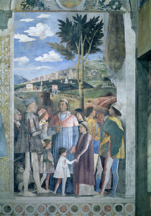 Arrival of Cardinal Francesco Gonzaga, greeted by his father Marchese Ludovico Gonzaga III (reigned 1444-78) and his brothers, from the Camera degli Sposi or Camera Picta, 1465-74 (fresco) (detail of 78449)