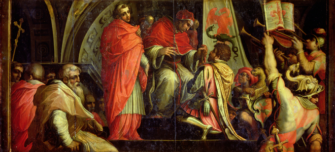 Clement IV  (1265-68) delivering arms to the leaders of the Guelph party from the ceiling of the Salone dei Cinquecento, 1565 (panel)
