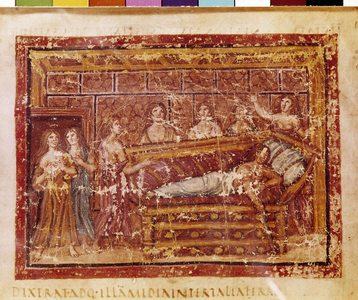 Dido's death. Miniature taken from the Codex 'Vergilius Vaticanus' manuscript of the Aeneid (book IV, c.663), 5th century Ref: 3225 F.41 R°. Biblioteca Apostolica Vaticana (Vatican Apostolic Library), Italy.