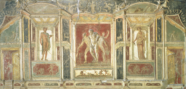 Relief panels with Dionysus and other figures standing in trompe l'oeil niches, from Pompeii, 1st century AD, Fourth Style (fresco)