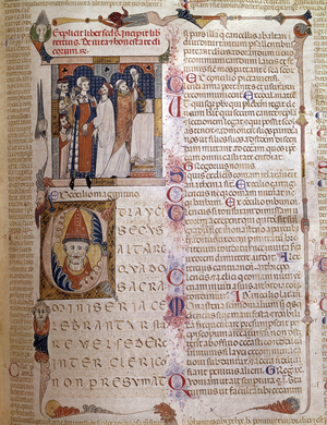 Miniature representant le Pape Gregoire IX, ne Ugolino di Conti (1145-1241). Page du manuscrit 'Gregorius PP IX Decretalium libri Quinque, Cum Glosis', Livre III. Ref : MS Lat.IV, 109 (2434) f.129 R°. Miniature du 13eme siecle. Biblioteca nazionale Marciana, Venezia (Venise)