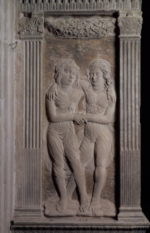 Gemini represented by the Twins, from a series of reliefs depicting the planetary symbols and signs of the zodiac, c.1450 (plaster)