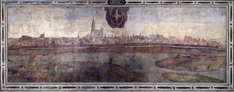 View of the city of Vienna, Austria. View of the cities of the Habsburg Empire. Fresco of the Michelozzo Court at the Palazzo Vecchio in Florence. Painting by Sebastiano Veronese Giovanni Lombardi, Cesare Baglioni and Turino da Piamonte, circa 1565. Size: 227 x 629 cm. Firenze, Palazzo Vecchio. 

332