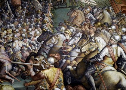 Battle of Scannagallo in Valdichiana (Val di Chiana). Detail. Fresco by Giorgio Vasari and his studio (1511-1574). Palazzo Vecchio (Salone dei Cinquecento)