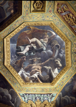 Neptune and a water nymph, ceiling caisson from the Sala di Amore e Psiche, 1528 (oil on stucco)