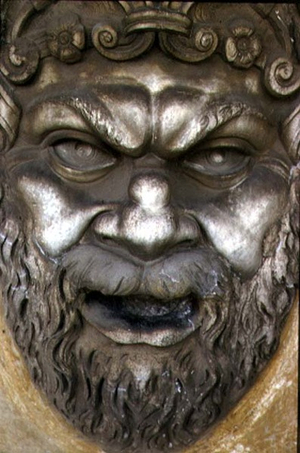 The Rear Facade, detail of antique relief decoration (some pieces from the Ara Pacis of Augustus) depicting a grotesque face (stone)