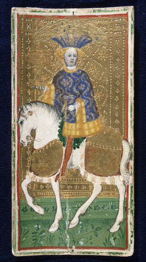 Card of the Tarot deck of the Visconti family. Miniature from the 15th century, Italy. Pinacoteca di Brera is in Milan.