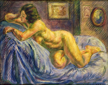Nude on Blue (oil on panel)