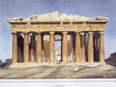 The Acropolis Parthenon in Athens. In “Voyage to Athens and Constantinople; or collection of Portraits of Greek and Ottoman Views and Costumes” by Louis Dupre, 1825.