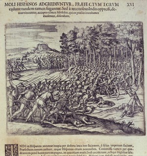 Battle between Spanish Soldiers and Indians, plate XVI from 'The Accounts of Girolamo Benzoni', America Part V - Latin, 1595 (litho)