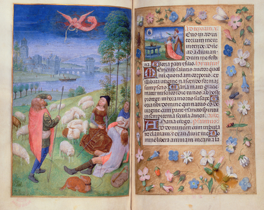Add 38126 fol.79v-80 The Annunciation to the Shepherds, from the Huth Hours, 1485-90 (vellum)