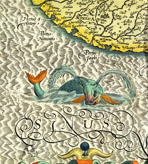 C.3.c.8 Sea monster, detail from p.369-70 of Mercator's 'Atlas...', 1619 (coloured engraving)