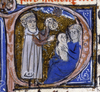 An astrologer studies the horoscope of a newborn. Miniature taken from “Tetrabiblos” by Claude Ptolemée (2nd century). 14th century.
